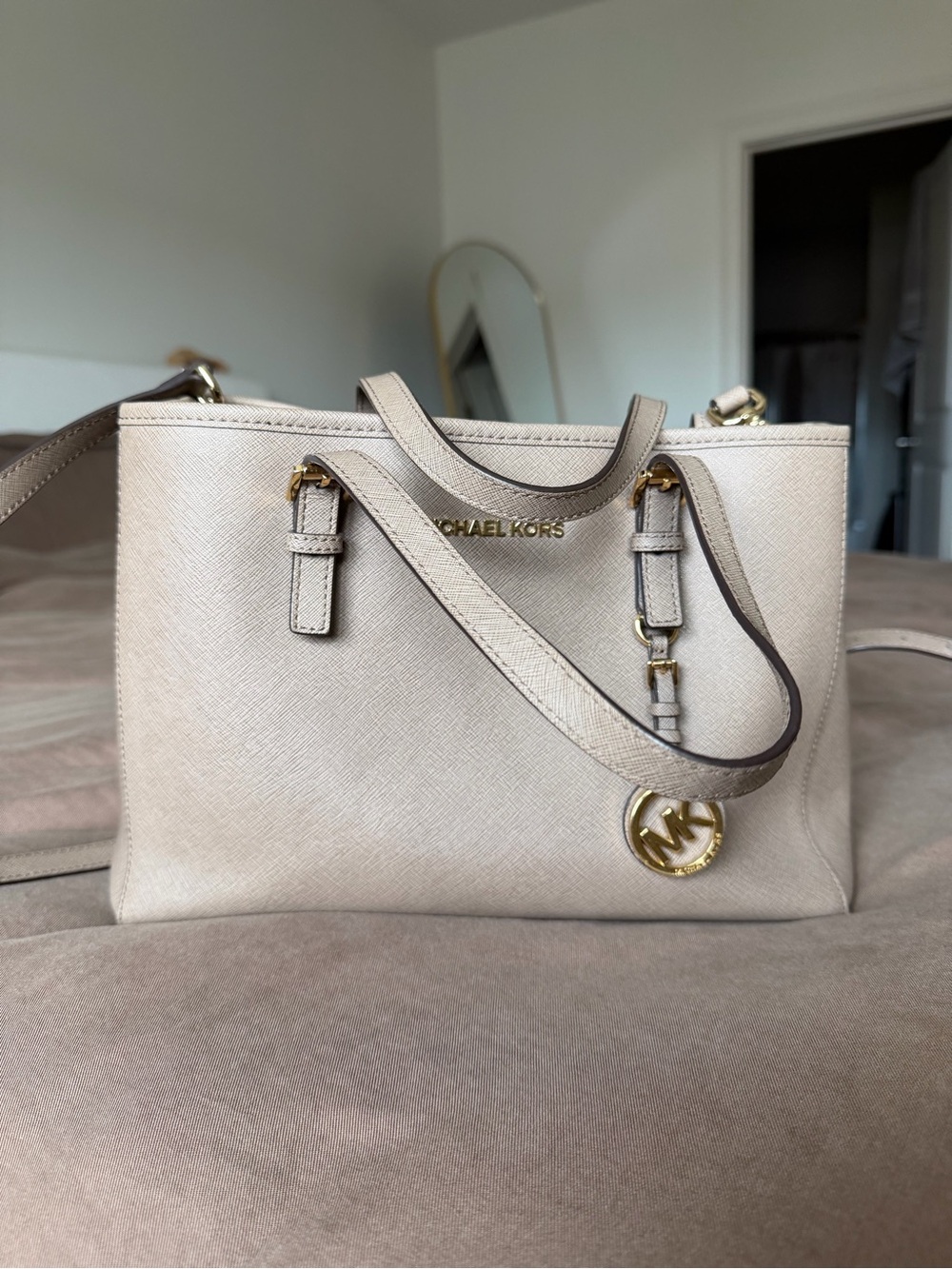 Michael Kors Light Cream Saffiano Satchel with Gold Hardware